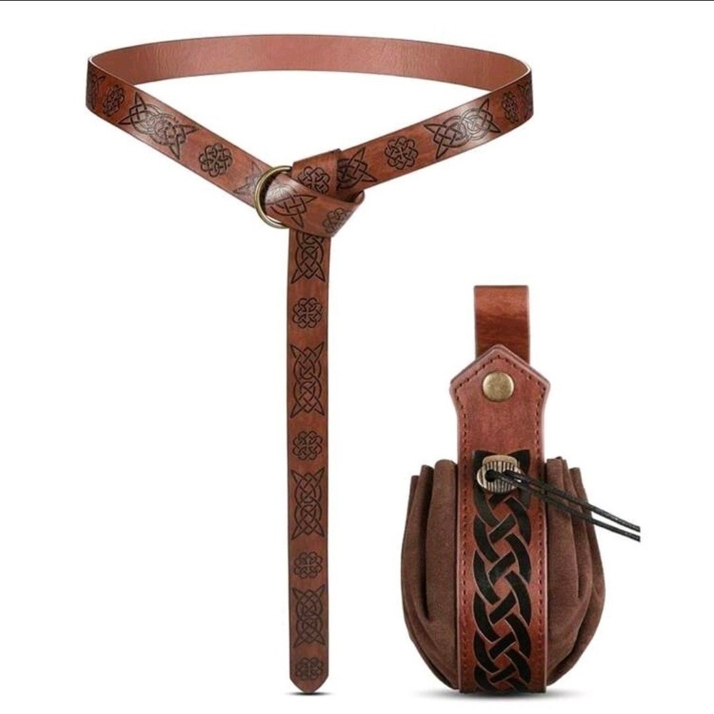 Medieval Renaissance Celtic Knot Belt and Pouch Set Brown Faux Leather 63 Inch